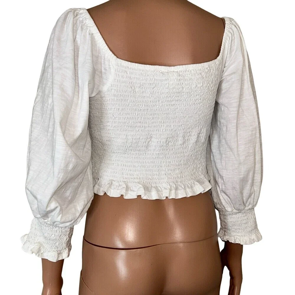 Anthropologie Pilcro Ginny Smocked Crop Top white SZ sm baloon sleeve peasant